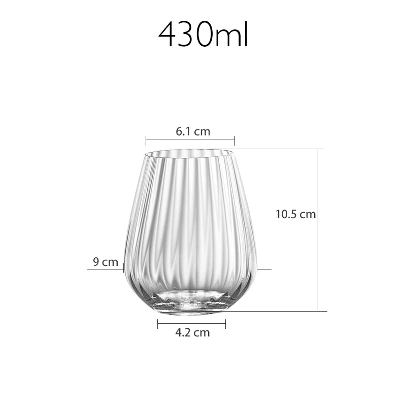 Fluted stemless glass with measurements.
