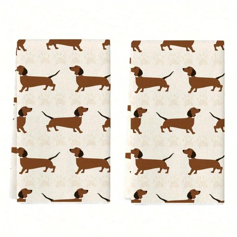 Two fabric swatches with a pattern of brown dachshunds on a beige background.