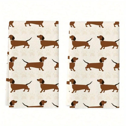 Two fabric swatches with a pattern of brown dachshunds on a beige background.