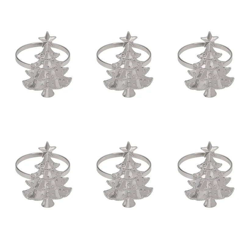 Set of six silver Christmas tree-shaped napkin rings on a white background