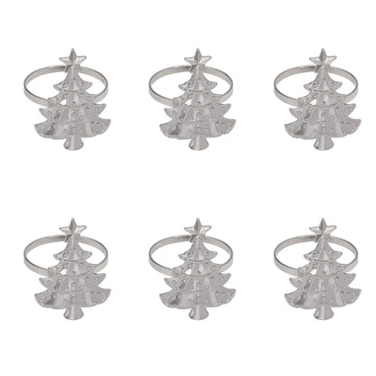 Set of six silver Christmas tree-shaped napkin rings on a white background