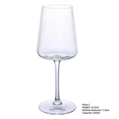 A clear, empty wine glass with a gently tapered, ribbed bowl, a tall, slender stem, and a flat, circular base. Text in the bottom right corner indicates "Style 2, Height: 21.5cm, Bottom diameter: 7.9cm, Capacity: 420ml."
