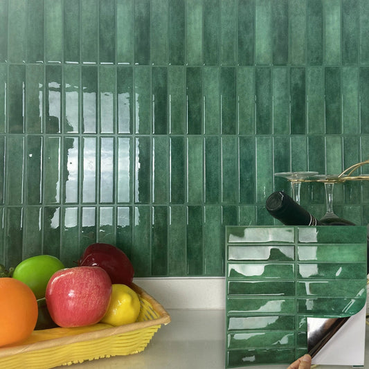Green rectangular tile backsplash with a sample tile sheet.
