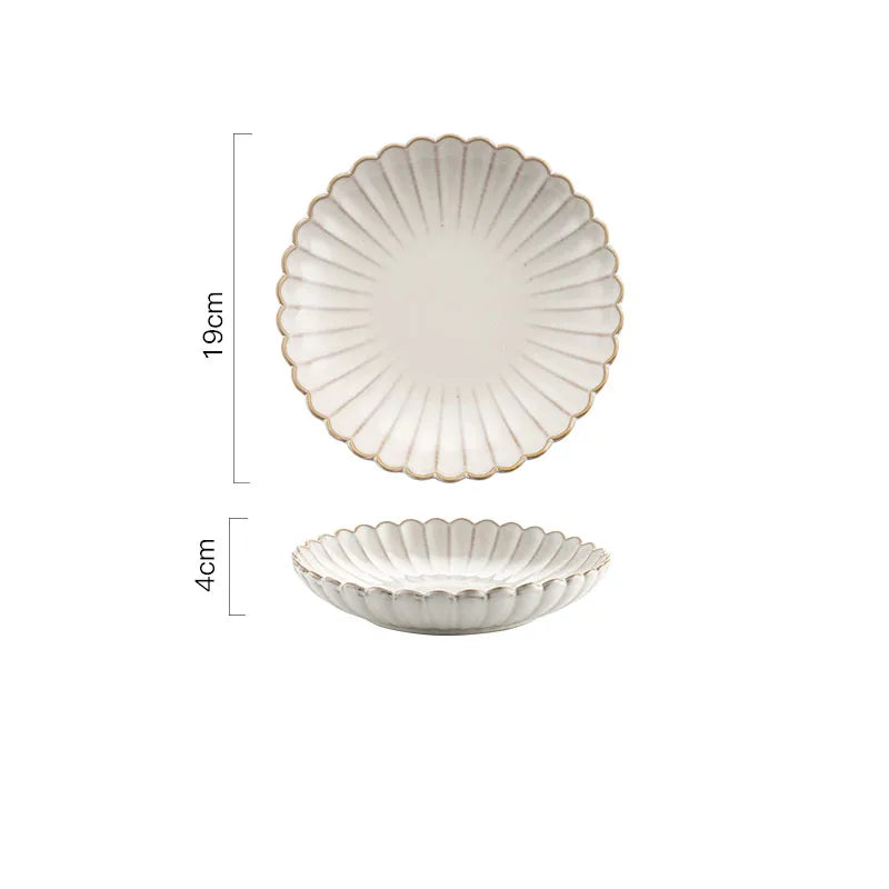 A round ceramic plate with a scalloped edge and raised ridges, measuring 19cm in diameter and 4cm in height.