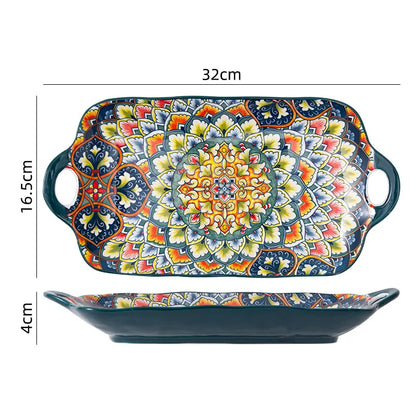 A detailed view and dimensions of an ornate handled serving tray.