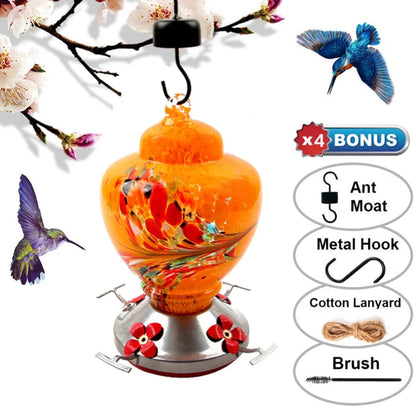 Handblown glass hummingbird feeder feature graphic showing feeding ports and hanging hook