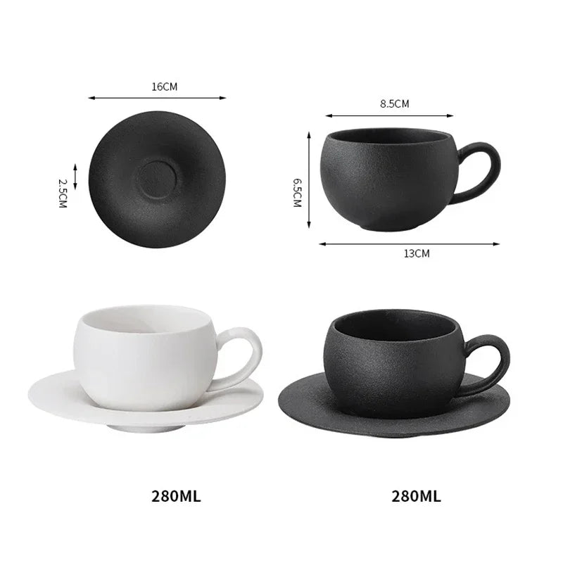Two sets of textured coffee cups and saucers, black and white, with dimensions and capacity indicated.