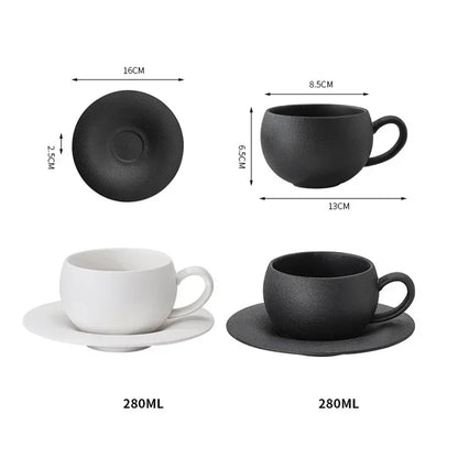 Two sets of textured coffee cups and saucers, black and white, with dimensions and capacity indicated.