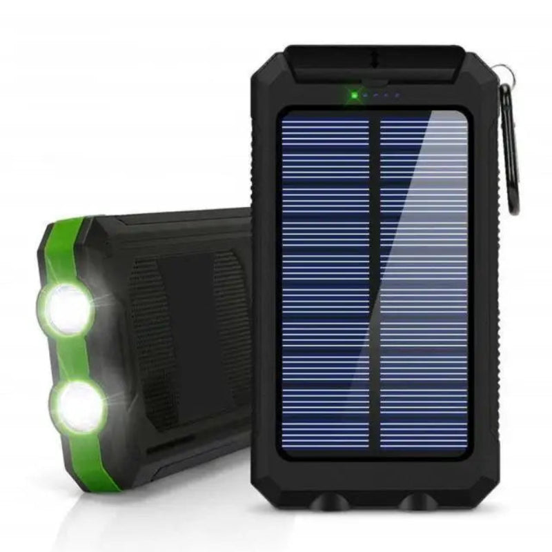 A portable solar power bank with a black and green casing, featuring solar panels on the top and additional features like LED light and flashlight indicated by icons.