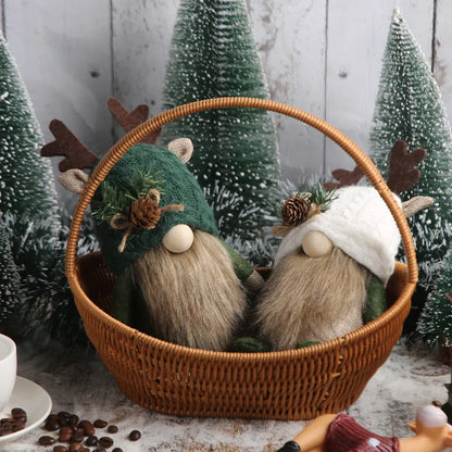 Two festive gnomes in a woven basket with Christmas trees in the background.