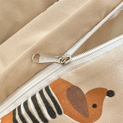 Close-up of a beige pouch with a zipper and a dachshund design on a beige background