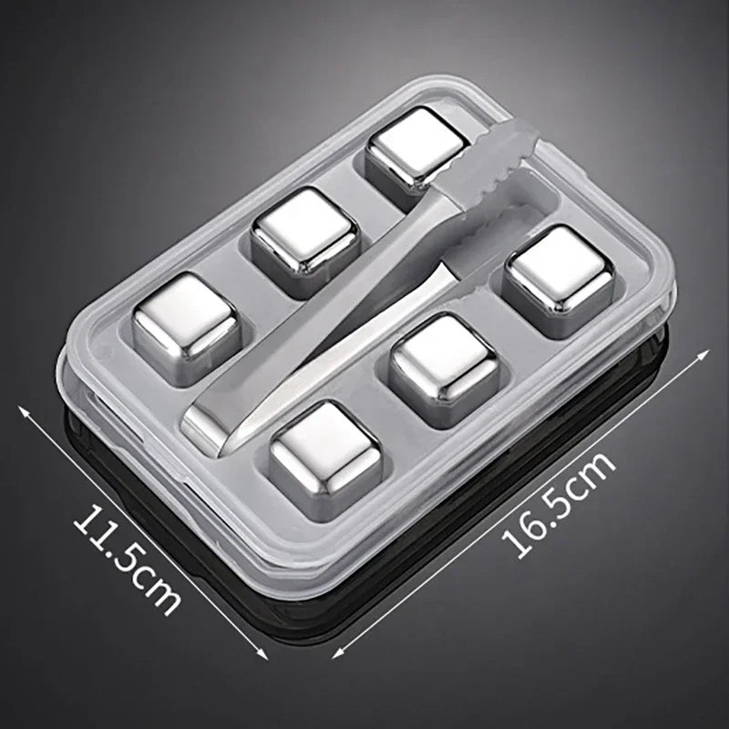 Set of metal ice cubes and tongs in a clear plastic container with dimensions indicated.
