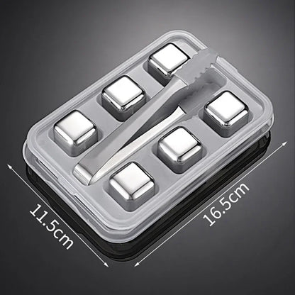 Set of metal ice cubes and tongs in a clear plastic container with dimensions indicated.