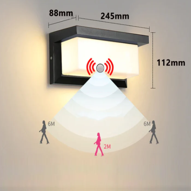 Capture the sleek, compact design of the Arya 1 Motion Sensor Light, photo of measurements. Its modern aesthetic complements any outdoor space while offering smart functionality with radar sensor technology.