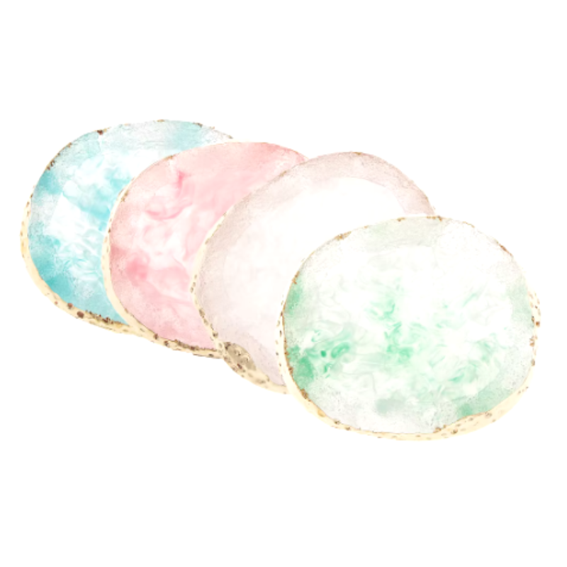 Set of four resin coasters in pink, green, blue, and white, offering a vibrant and stylish addition to your home bar or dining table.