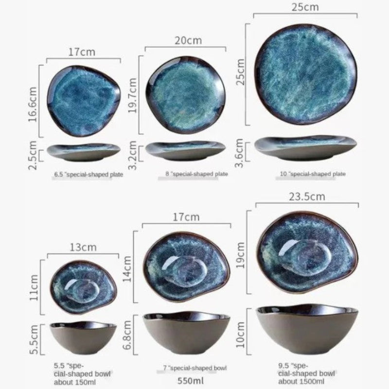 Set of ceramic plates and bowls with measurements on a white background