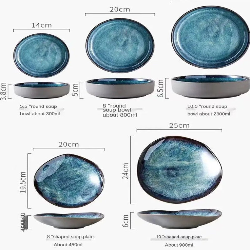 Set of blue ceramic bowls and soap plates with dimensions indicated.