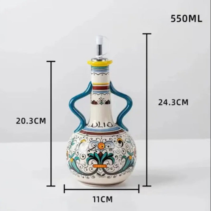 Decorative ceramic oil bottle with measurements on a white background