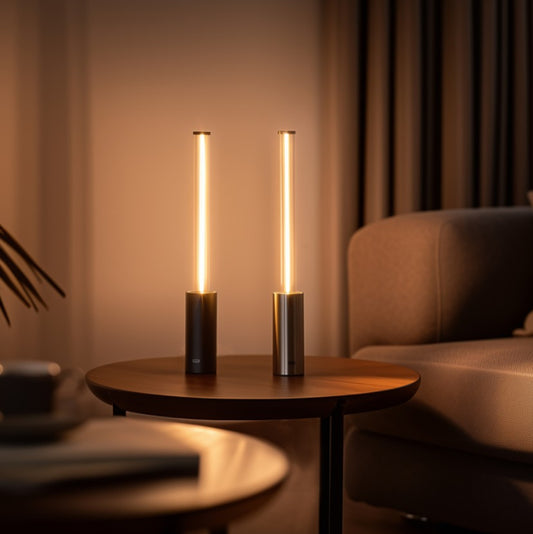 Two modern table lamps on a wooden side table with a blurred background