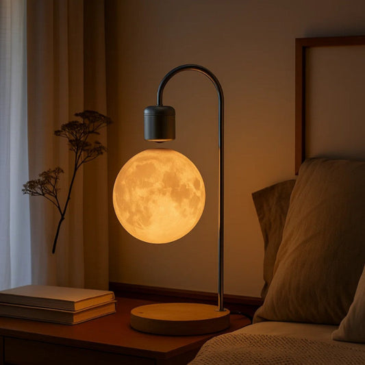 Moon-shaped lamp on a bedside table with a cozy bedroom setting