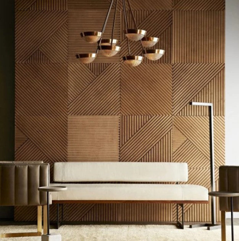 Modern interior with a textured wooden wall and a white sofa.