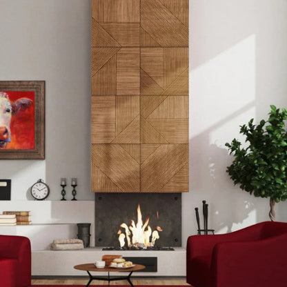 Modern living room with a fireplace, wooden wall paneling, and red sofa.