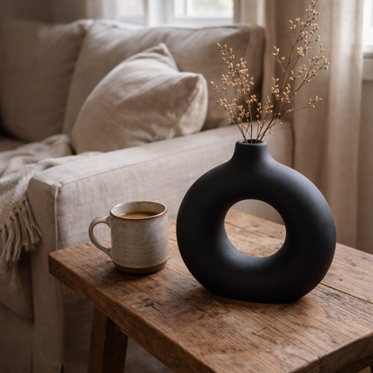 Sculptural Ring Ceramic Vase in black with a minimalist round hollow silhouette, on a clean off-white background