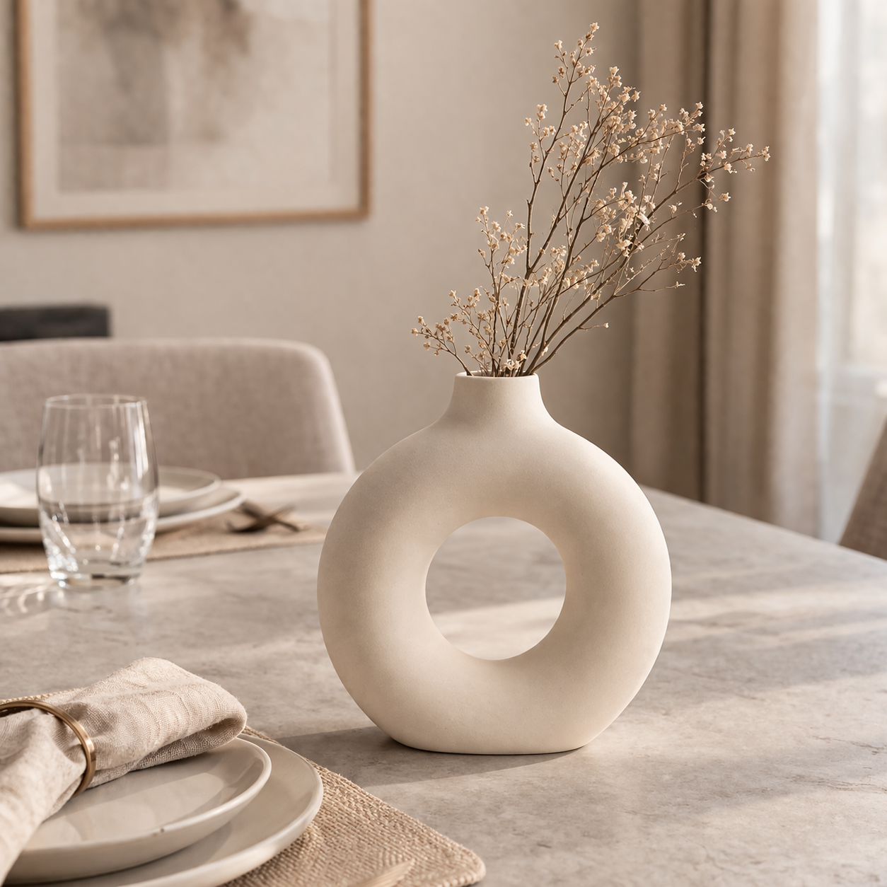 Sculptural Ring Ceramic Vase in white with a minimalist round hollow silhouette, on a clean off-white background