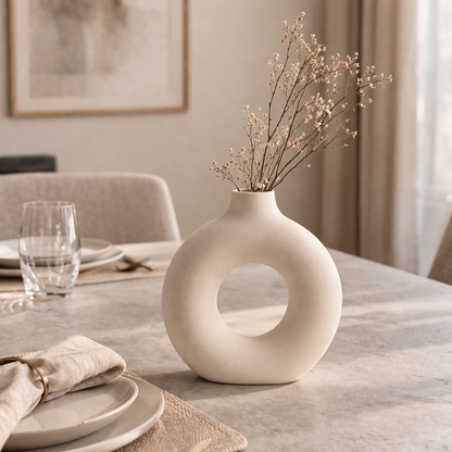 Sculptural Ring Ceramic Vase in white with a minimalist round hollow silhouette, on a clean off-white background
