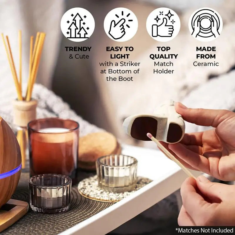 Ceramic match holder with features listed and a hand holding it.
