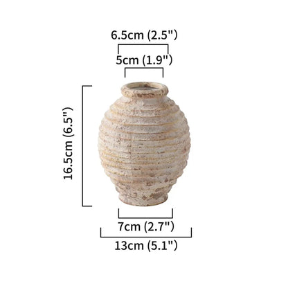 Dimensional diagram of a ribbed, rustic ceramic vase showing its height (16.5cm/6.5"), base diameter (13cm/5.1"), and opening diameter (6.5cm/2.5").
