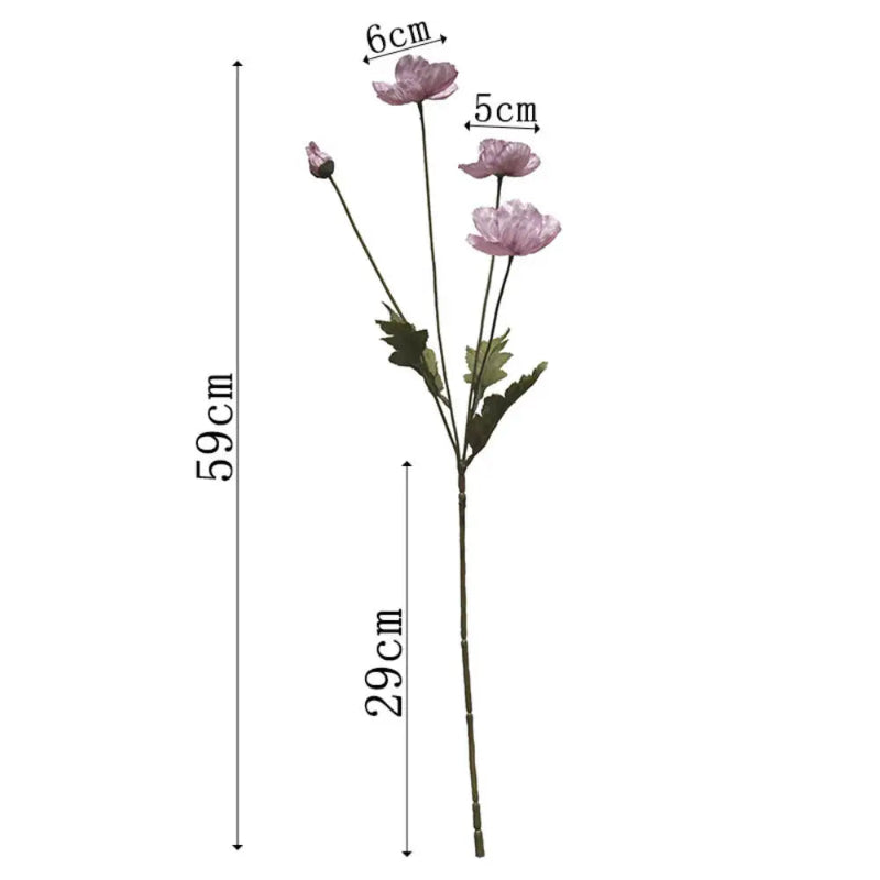 A vertical product image shows a single artificial poppy stem with three pink flowers and one bud, labeled with dimensions for height (59cm total, 29cm stem to first leaf) and flower width (5cm and 6cm).