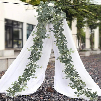 Artificial eucalyptus garland beautifully styled on a tent, enhancing the playful, bohemian aesthetic with its realistic, nature-inspired design.