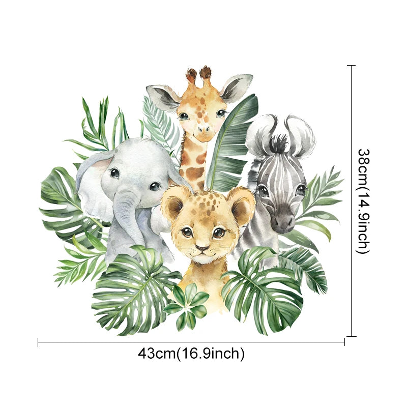 Detailed view of the animal wall stickers with sizing chart, showcasing the dimensions for easy application and design planning.