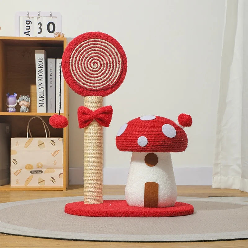 Red and white cat toy with a spiral design on a wooden stand, placed on a floor.