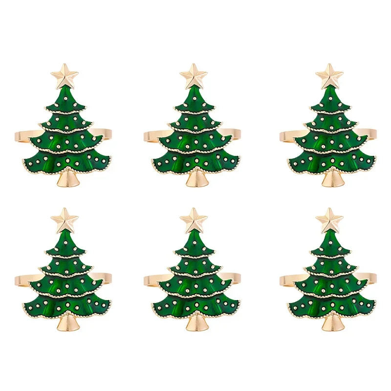 Set of six green Christmas tree-shaped earrings with gold bases on a white background