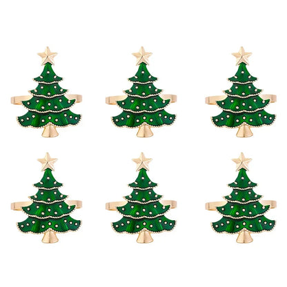 Set of six green Christmas tree-shaped earrings with gold bases on a white background
