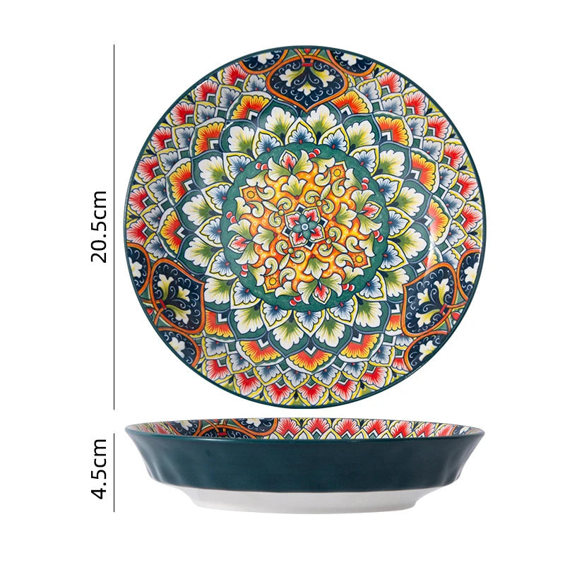 A detailed view and dimensions of an ornate, shallow serving bowl.