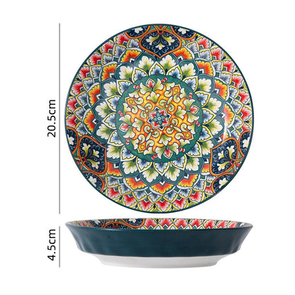 A detailed view and dimensions of an ornate, shallow serving bowl.