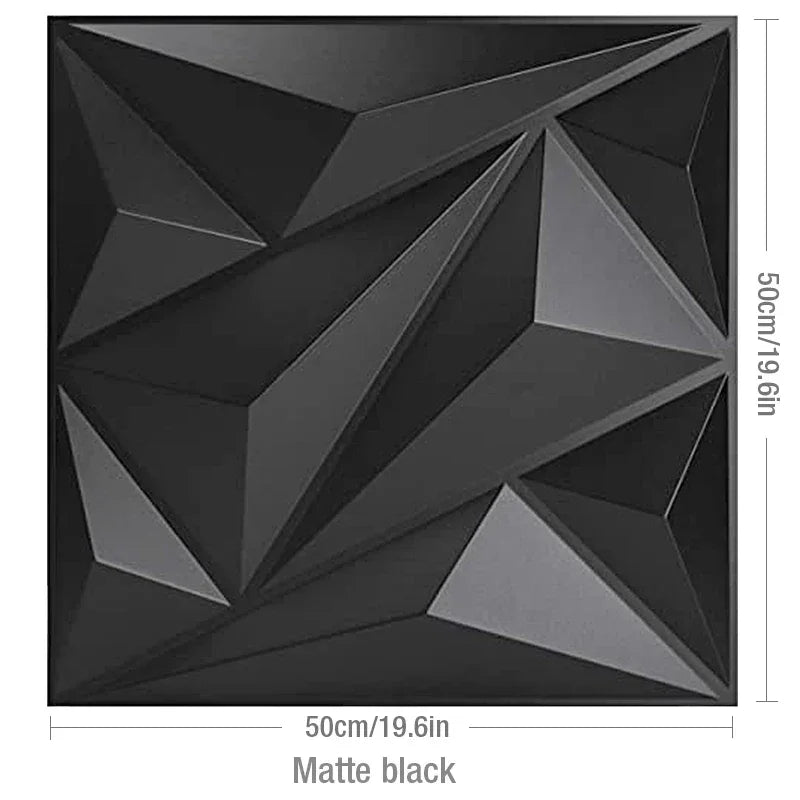 A matte black square wall panel with a geometric, faceted design, measuring 50cm/19.6in on each side.