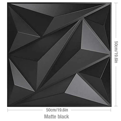 A matte black square wall panel with a geometric, faceted design, measuring 50cm/19.6in on each side.