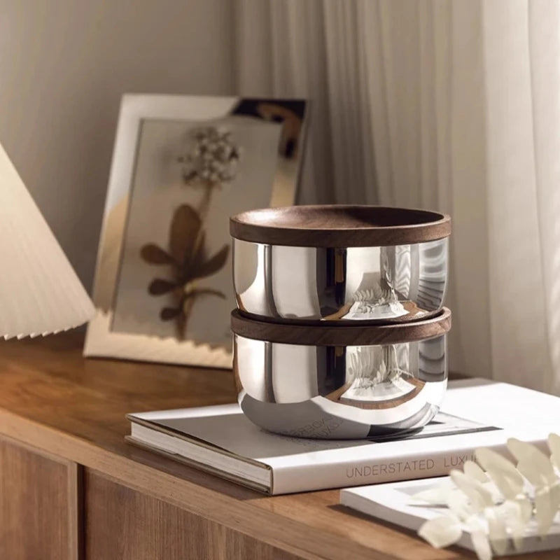 Stainless Steel Bowl Set with Walnut Lids (2pc)