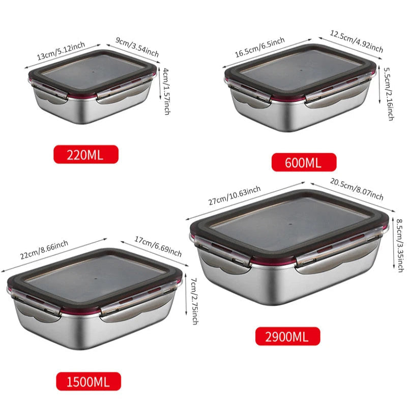 Four different sizes of stainless steel food containers, each with dimensions and capacity labeled.