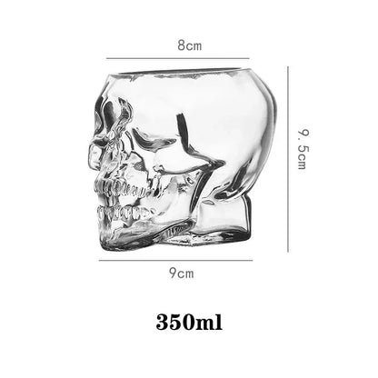 A diagram of a clear glass skull cup, showing its dimensions: 9.5cm tall, 9cm wide, 8cm deep at the top, and a capacity of 350ml.