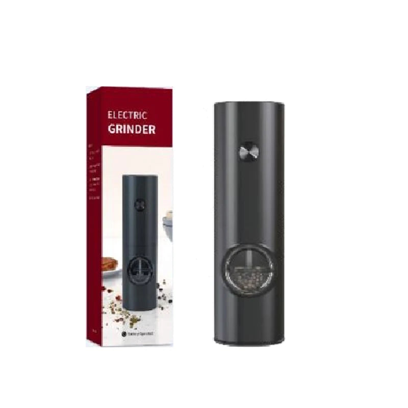 An electric grinder in solid black next to its red and white box.