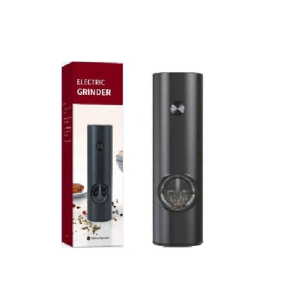 An electric grinder in solid black next to its red and white box.