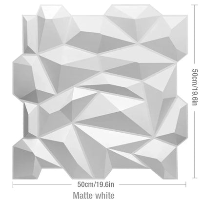 A matte white square wall panel with an irregular geometric, faceted design, measuring 50cm/19.6in on each side.