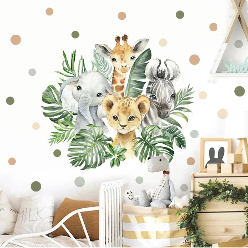 Animal wall stickers featuring playful animals in vibrant colors, applied to a smooth surface, creating a whimsical, adventure-filled atmosphere in a child’s room.