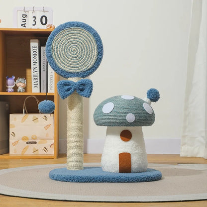 Cat toy with a cylindrical structure and mushroom-shaped base on a wooden floor.