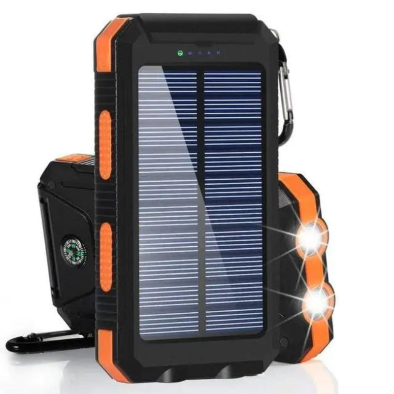 A portable solar power bank with a black and green casing, featuring solar panels on the top and additional features like LED light and flashlight indicated by icons.